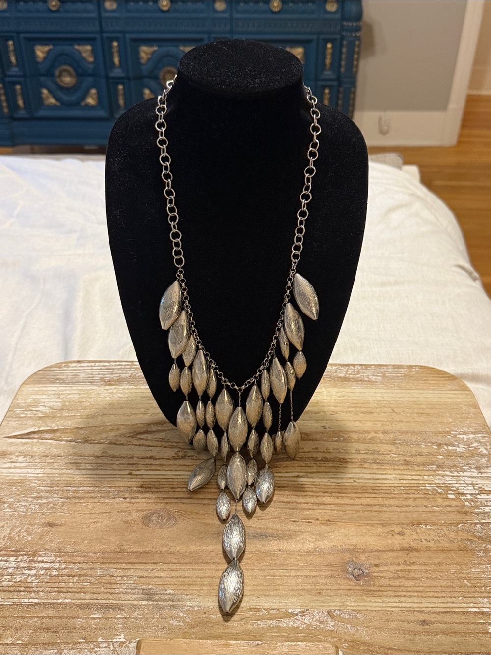 Vintage Silver Tone Beaded Large Bib Pendant Statement Necklace